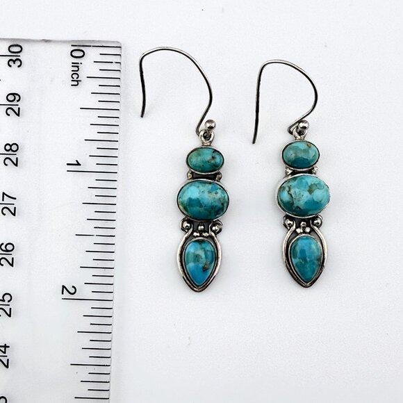 Vintage Sterling Silver Turquoise Dangle Earrings – Modernist 3-Stone Design - Picture 3 of 11